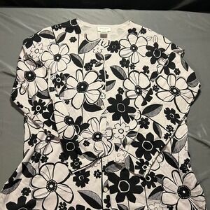 Oliver Perry Woman Cardigan Sweater 1X Black White Floral Silk Blend ButtonFront